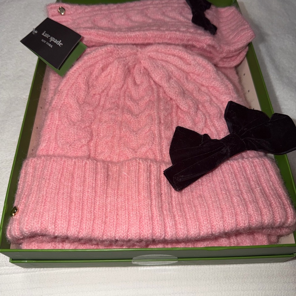Kate Spade Pink Cable Knit Hat with Black Bow